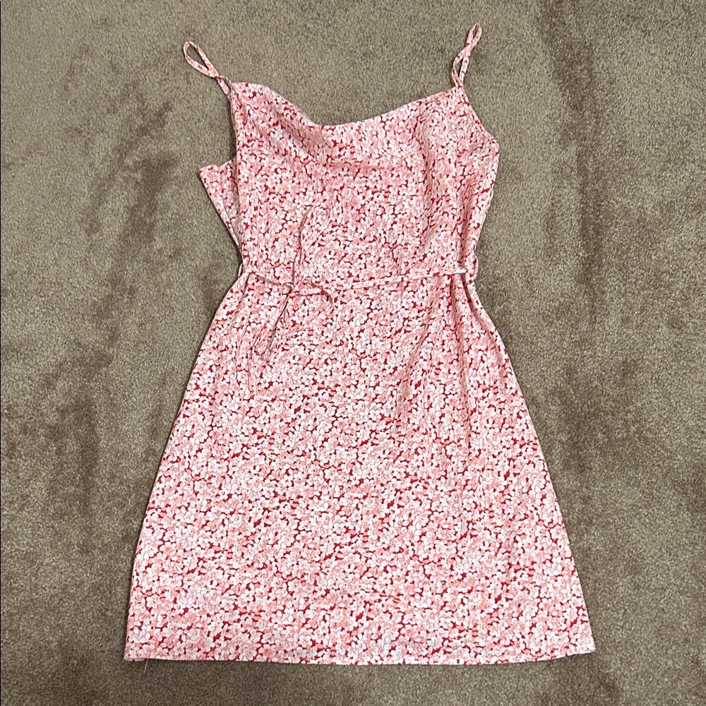 2/$15 Pink Floral Mini Dress, Cowl Neck, Tie-Waist